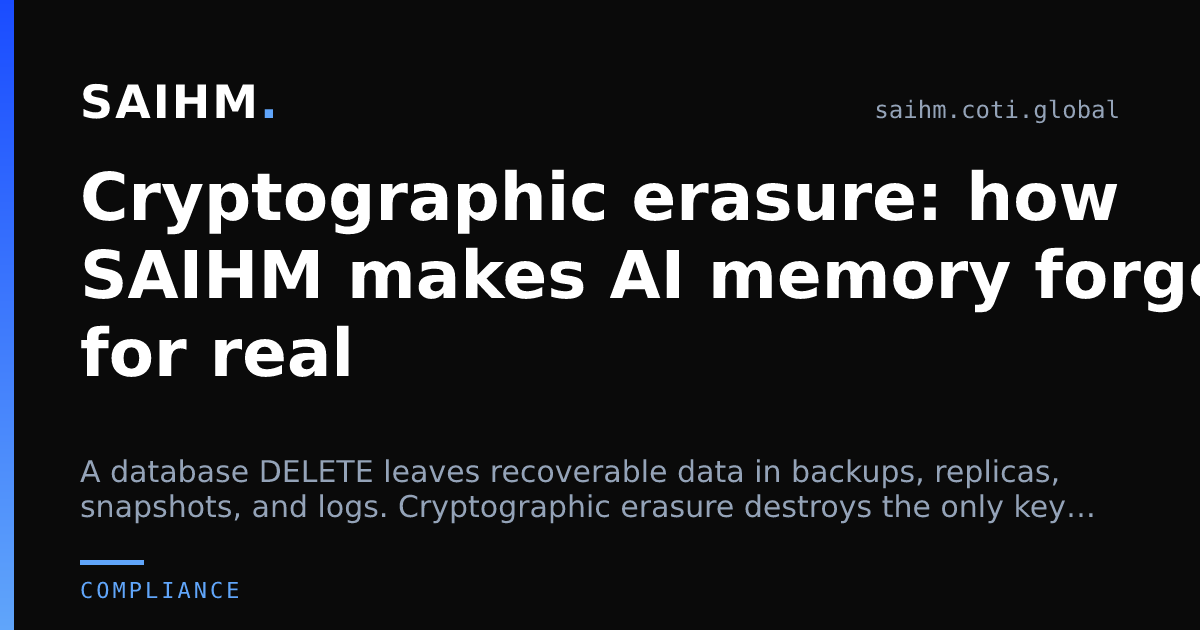 Cryptographic erasure: how SAIHM makes AI memory forget for real — SAIHM